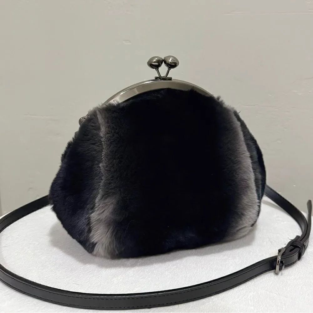 Black Gradient Handmade Real Rex Rabbit Fur Kiss-lock Shoulder Bag/Crossbody